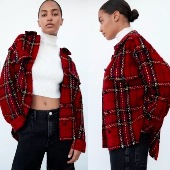 Zara Red Textured Tweed Oversized Shacket - Picture 2 of 12